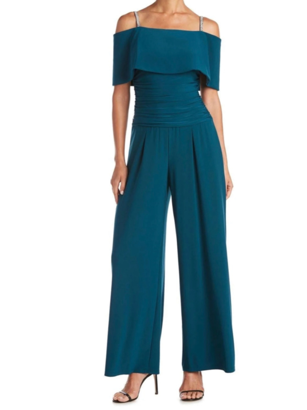 R&M Richards Petite Off-shoulder Emerald Jumpsuit Size 8P NWT